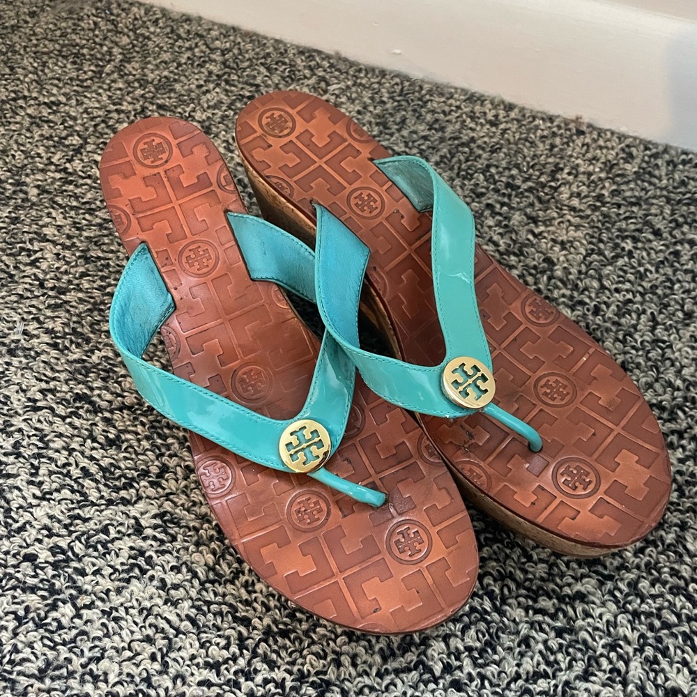TORY BURCH Thora Wedges Teal Leather Straps Summer Women’s 9 (J) - Picture 2 of 6